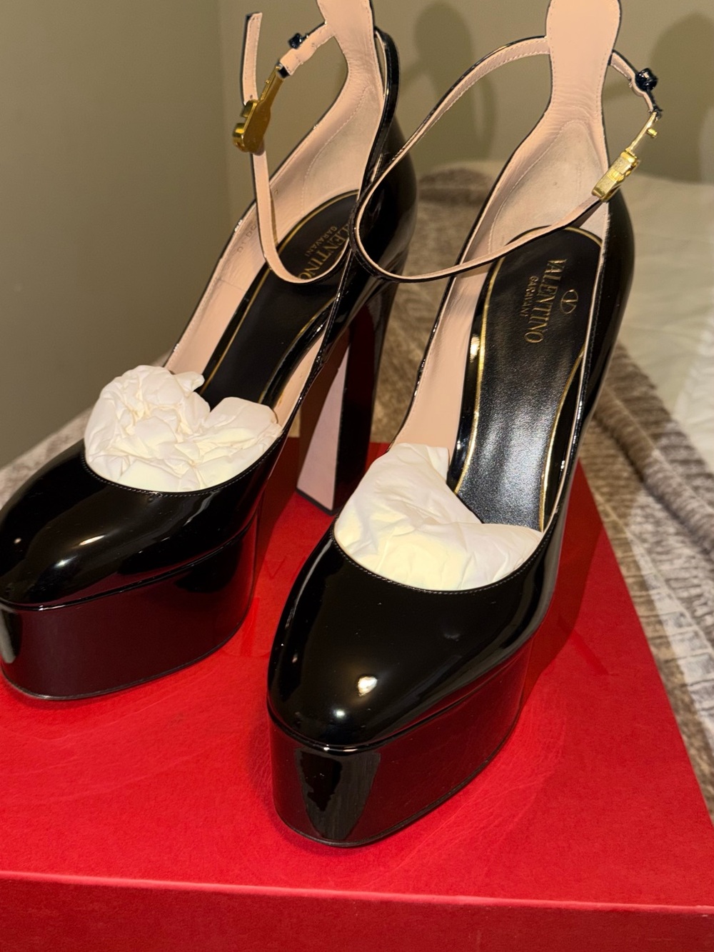 Valentino Garavani Black Patent Platform Slingback Pumps with Gold Buckle